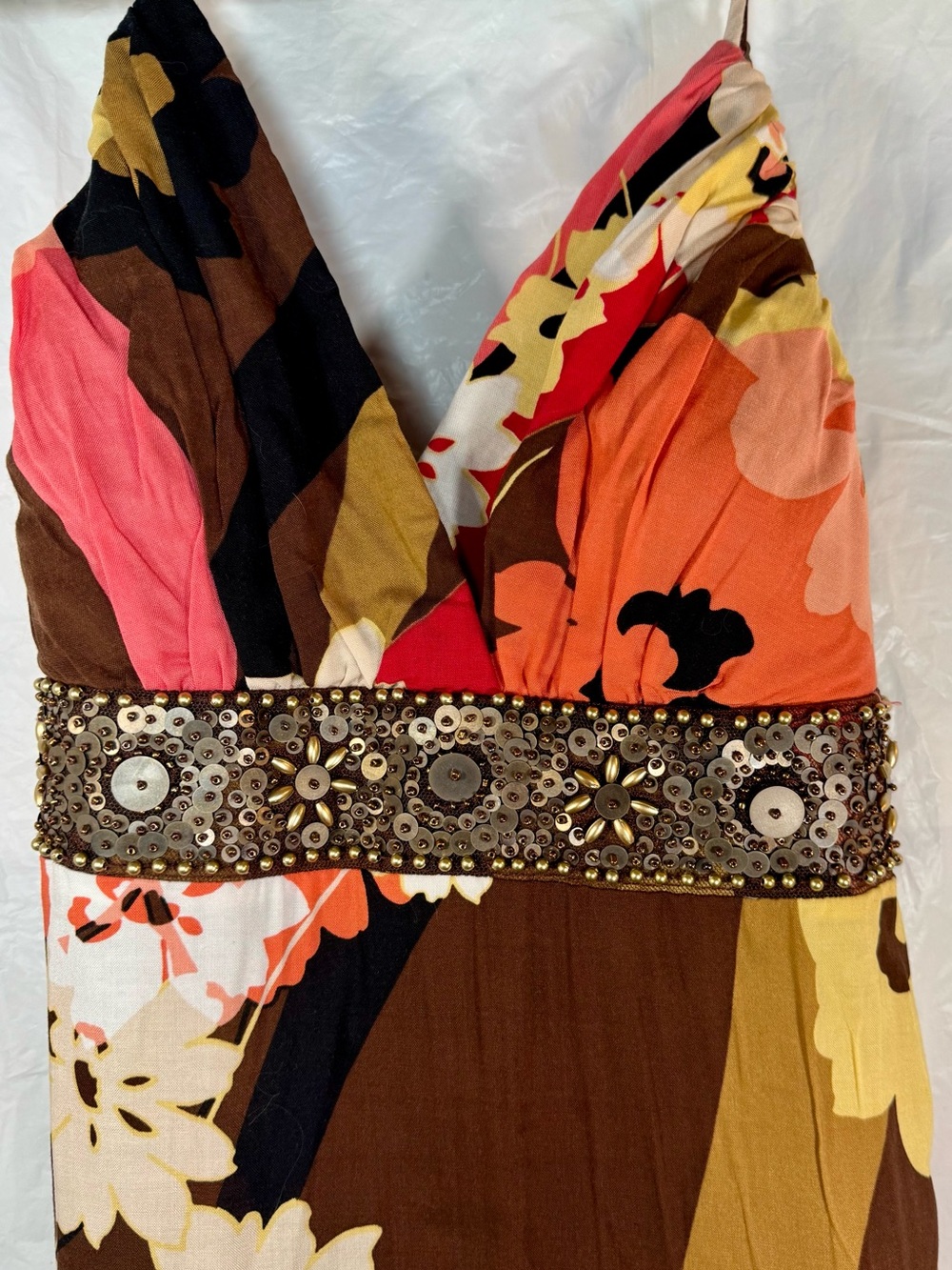 B. Smart Coral and Brown Floral Maxi Dress